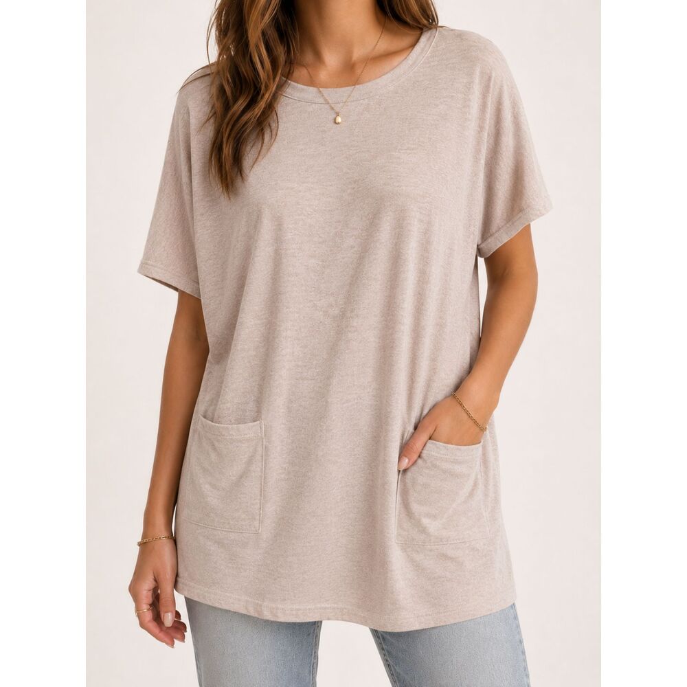 Poetsky 2XL Light Beige Pocket Tunic Tee Rayon Stretch Minimalist Boho Top